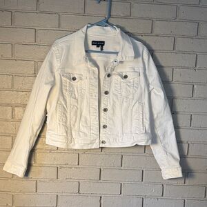 DKNY White Denim Jean Jacket - Classic Button-Front, side lace up,ladies size L